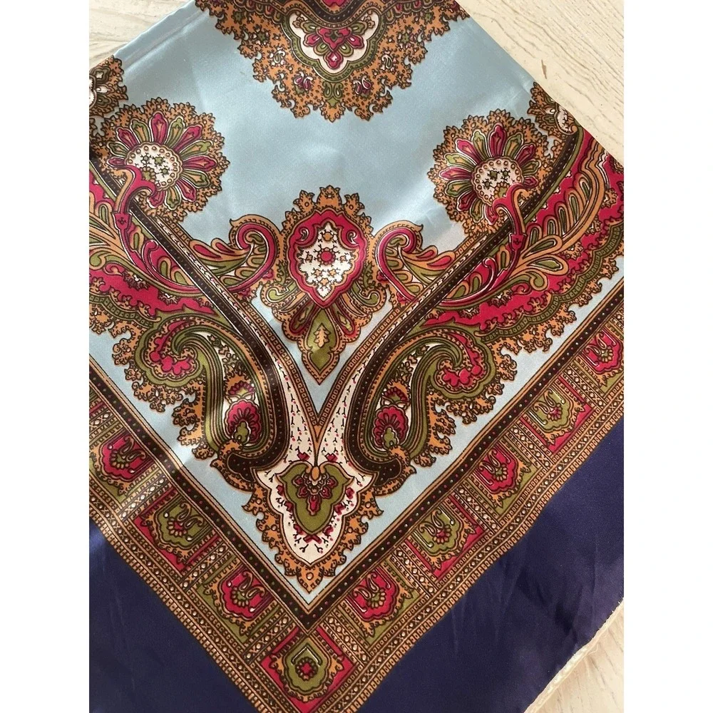 Vintage Paisley Neck‎ Head Scarf Silky Deep Rich Colors Red Blue Vibrant 30x30